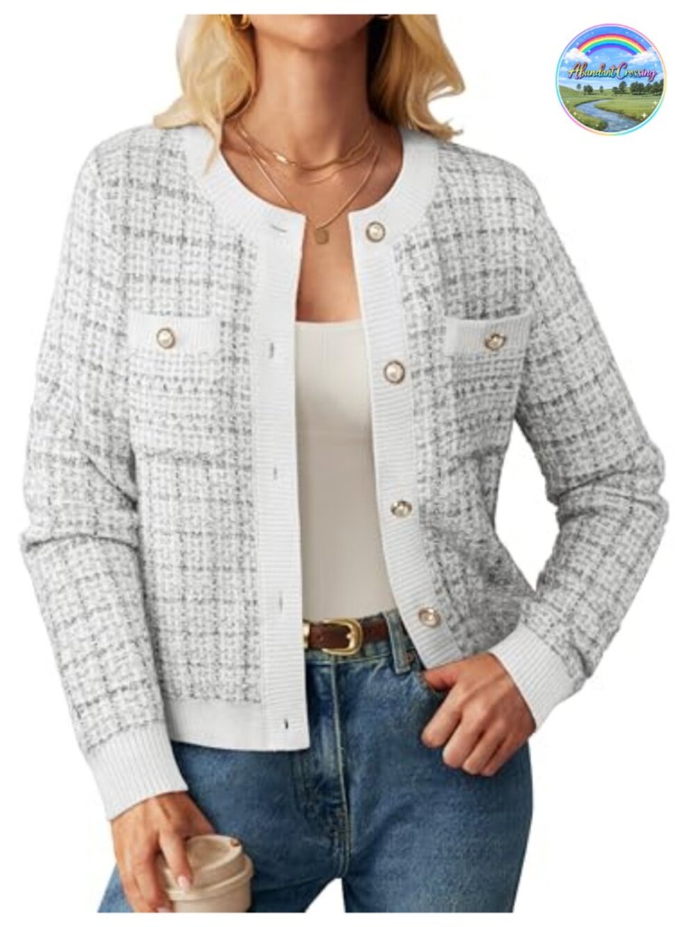Women's Tweed Knit Cardigan Sweater Long Sleeve Button Front with Pockets